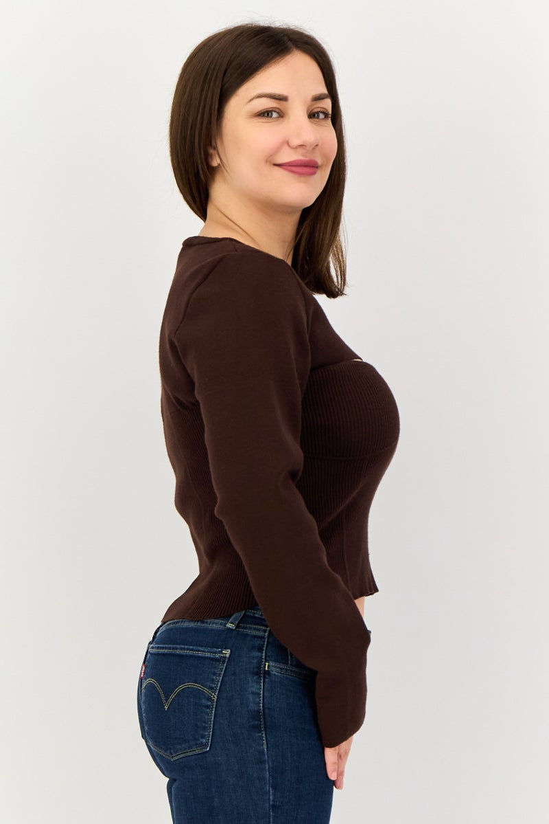 promod Women Crew Neck Long Sleeve Solid Shirt, Dark Brown - Image 3
